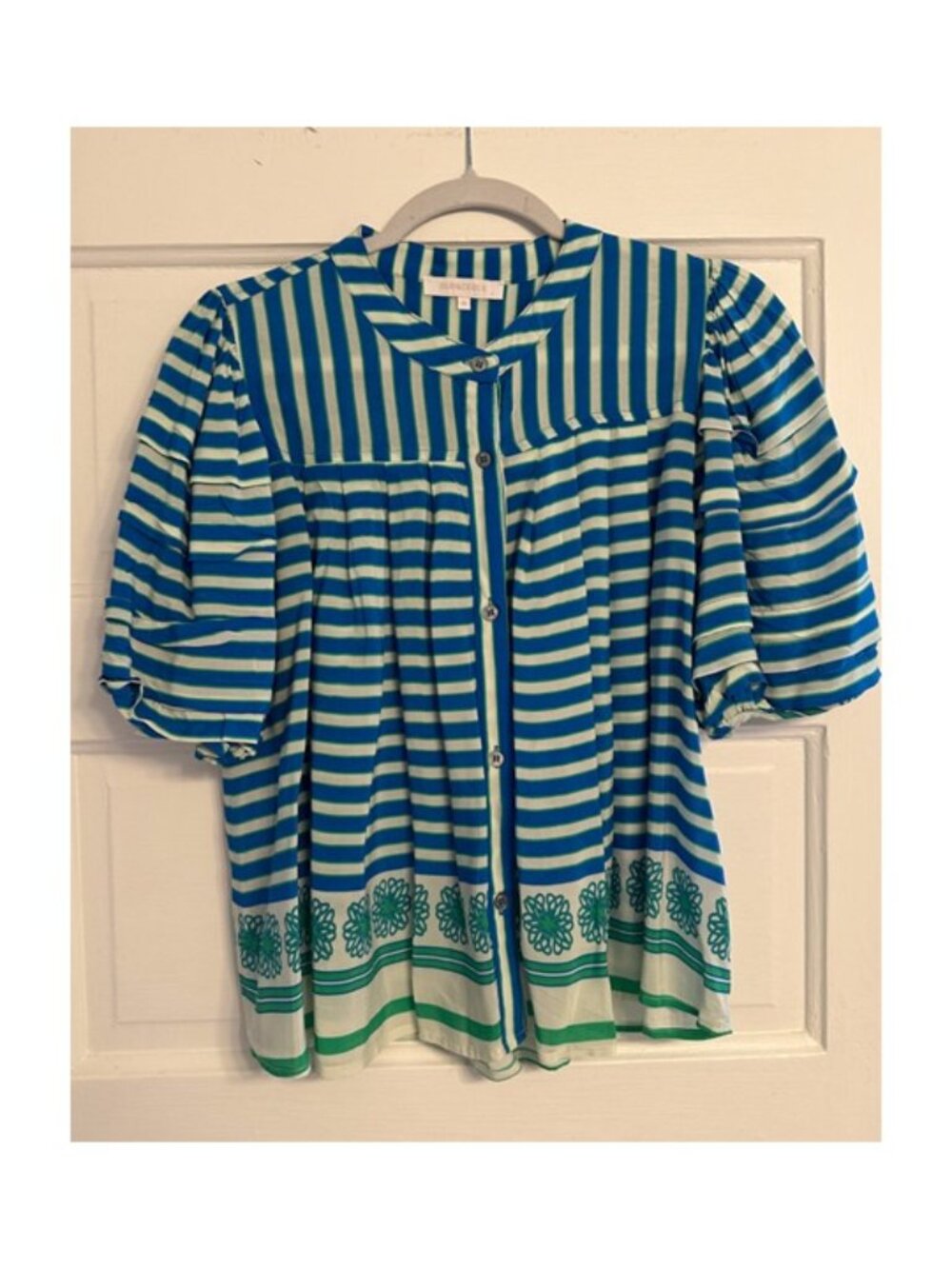 Olivaceous. Blue, Green, and White Striped Blouse with Puff Sleeves. Size M.